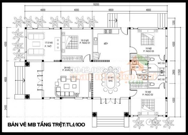 Bản vẽ thiết kế biệt thự nhà vườn 1 tầng 9x18m có 3 phòng ngủ hiện đại tại TP. Tuyên Quang